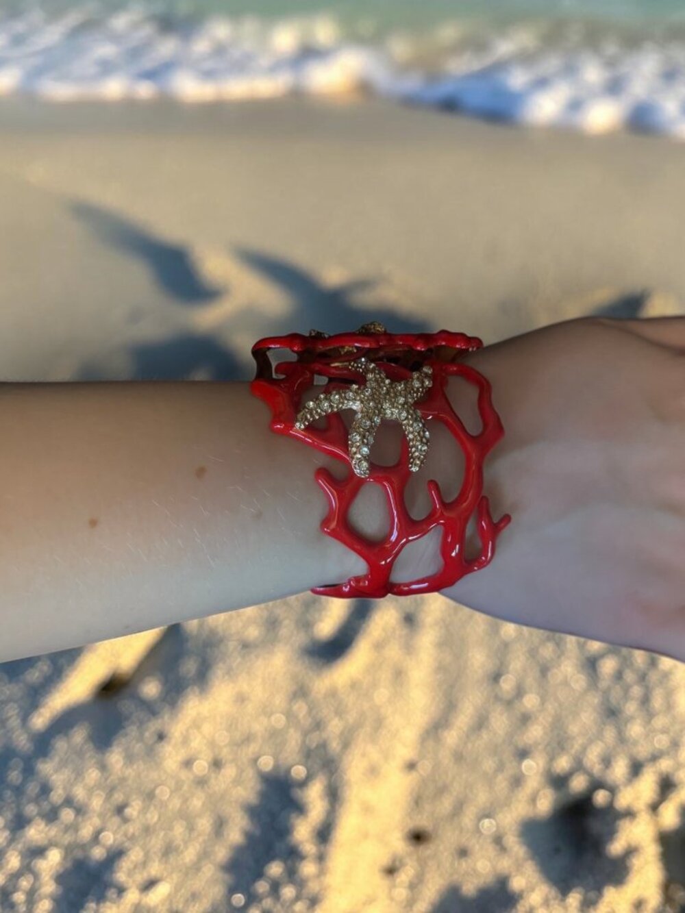 Red Coral Cuff Bracelet Gold Starfish Crystal Hinged Beach Coastal Statement NEW